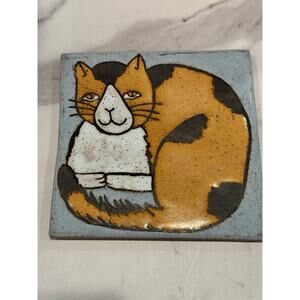 handmade ceramic trivet - wall decor or kitchen - calico cat - 6x6